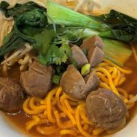 Yaki Meatball Soup · Yakisoba noodle, beef ball, bean sprout, Bok Choy, onion and cilantro in home style beef bro...