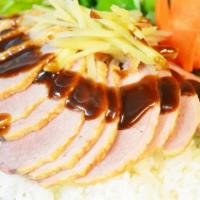 Khao Na Ped · All time Thai favorite dish honey roasted duck on the bed of jasmine rice, steamed broccoli ...