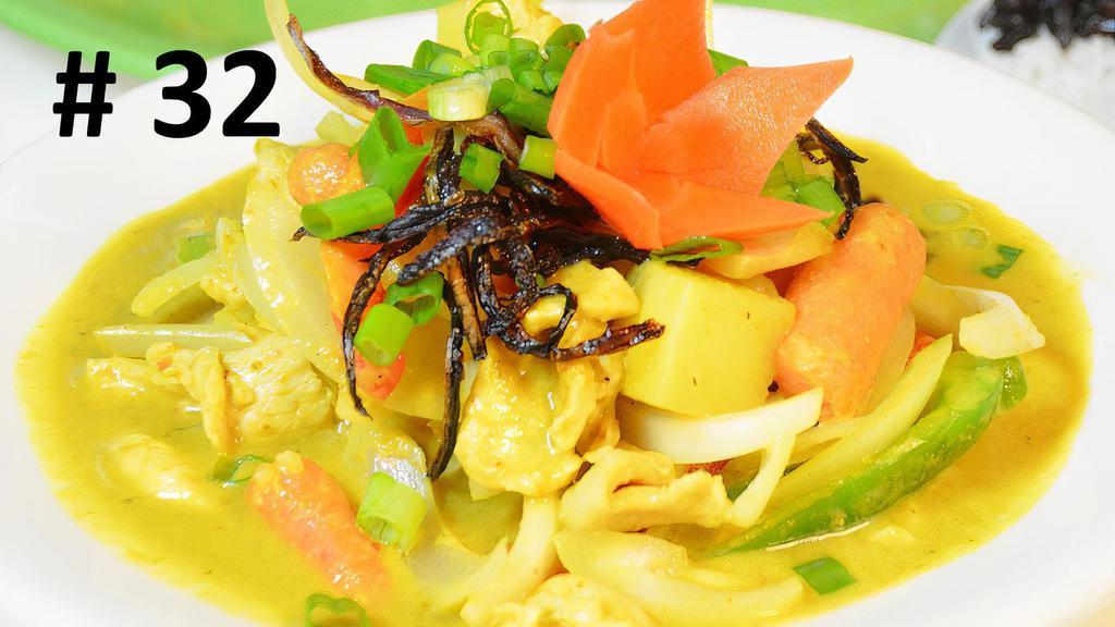 Yellow Curry:* · Choice of protein, potatoes, carrots, onions, and bell peppers in a delightful Thai yellow curry.