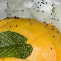 Mango Sticky Rice · Ripe mango w/ sweet sticky rice (seasonal)