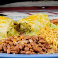 Chicken Fundido · Green chile cheese sauce over a chicken burro deep-fried. Served with rice and beans. Spicy ...