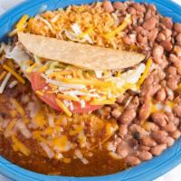 #1. Crisp Shell Shredded Beef Taco And Enchilada Combo · New Mexican red chile cheese enchilada, rice and beans combo. Spicy.