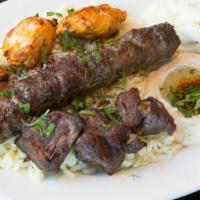 Meat Combo Plate* · Comes with one skewer of chicken kabob, one skewer of lamb kabob, and one piece of kafta.