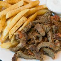 Kids Gyro Plate* · Rotisserie beef and lamb mix, grilled onions, and tomatoes. Served with a side of tzatziki a...