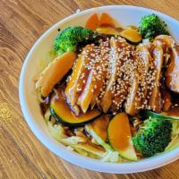 Teriyaki Chicken & Vegetables · Our delicious teriyaki sauce over grilled chicken breast and steamed veggies. Served over ri...