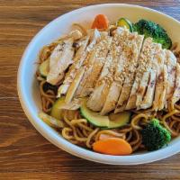Yakisoba · Grilled chicken breast over a noodle and vegetable sauté finished with toasted sesame seeds.