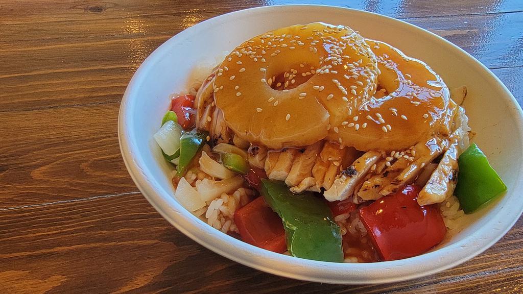 Hawaiian Chicken · Sweet-n-sour sauce with grilled chicken breast, peppers, onions, and pineapples served over rice.