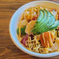Medusa Shrimp Bowl · A spicy noodle, shrimp and vegetable sautee, finished with spicy mayo and avocado