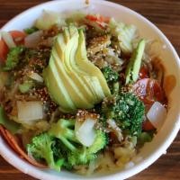 Teriyaki Vegetable Bowl · Teriyaki sauce over steamed veggies. Served with rice and finished with toasted sesame seeds.