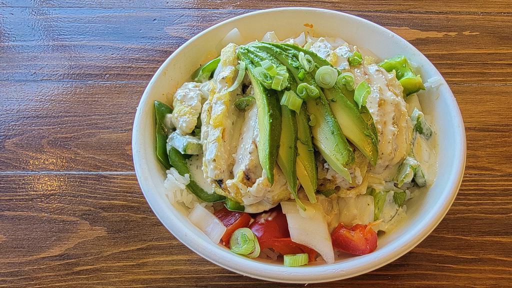 Cilantro Lime Chicken · Tempura Chicken over steamed white rice, peppers and onions with our homemade cilantro lime sauce topped with avocado and green onions