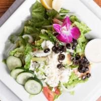 Greek Salad · Lettuce, tomato, onions, cucumber,bell pepper, olives, feta cheese.