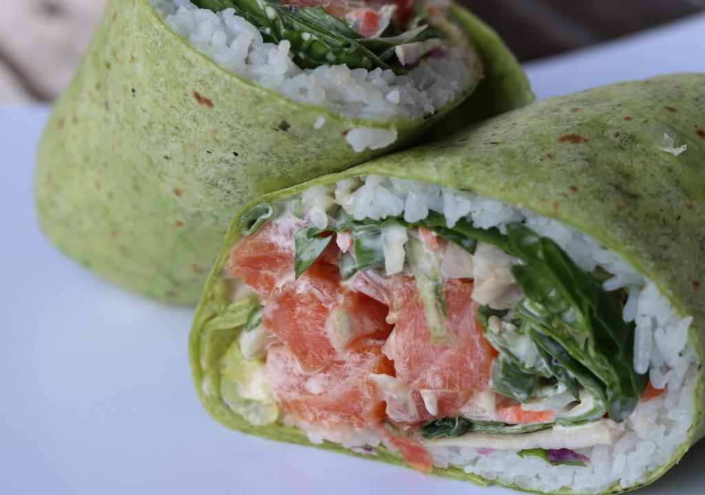 Poke Wrap · Spinach tortilla, six ounces of poke, rice, wasabi aioli, slaw, mixed greens with wasabi aioli for dipping.