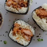 Da Garlic Chicken Musubi · Sweet, golden brown and crispy garlic chicken with rice, wrapped in nori. Topped with green ...
