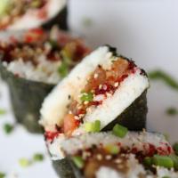Spicy Tuna Musubi · Ahi tuna, spicy aioli, seaweed salad, furikake with rice and nori. Topped with green onions.