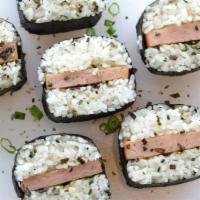 Spam Musubi · Spam and rice wrapped in nori. Topped with teriyaki sauce.
