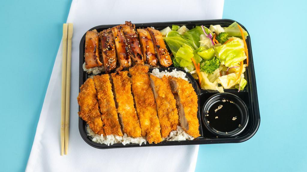 Chicken + Katsu Combo Box · Includes chicken teriyaki and chicken katsu, white rice, drizzle of Joybox's teriyaki sauce and fresh salad.