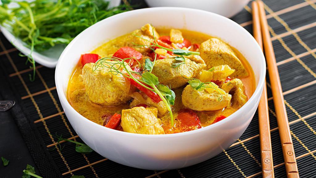 Chicken Curry · Gluten free. Home style chicken curry with onion sauce.