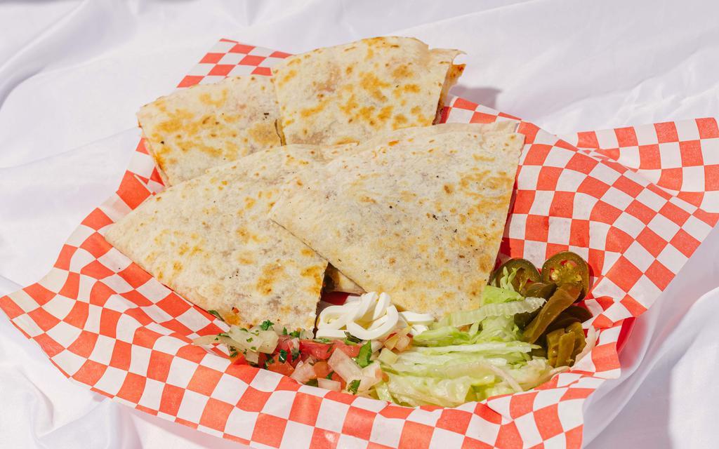 Quesadillas · One flour tortilla quesadilla with cheese inside and served with lettuce, pico de gallo, sour cream, jalapeño slices and protein.