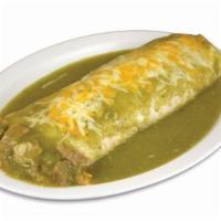 Burrito Chile Verde · Pork burrito in green sauce with guacamole & sour cream, topped with melted cheese, onions, ...