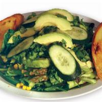 Green Salad · Romaine lettuce, green peppers, asparagus, cucumber, avocado, bell pepper, and ranch dressin...
