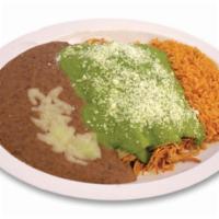 Enchiladas Verdes · Choice of meat. covered with tomatillo verde sauce and Mexican cheese, served with rice and ...