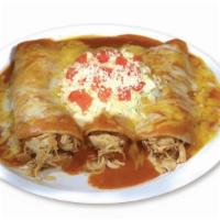 Enchiladas Chipotle · Choice of meat covered in a chipotle sauce with rice, beans, cabbage, tomato, melted cheese ...
