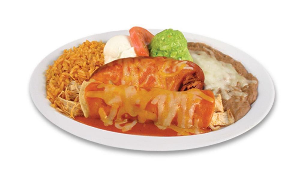 Tamal & Enchilada · Served with rice, beans, sour cream, guacamole, cheese & special sauce.
Enchilada: Choice of meat
Tamal: Chicken or Pork