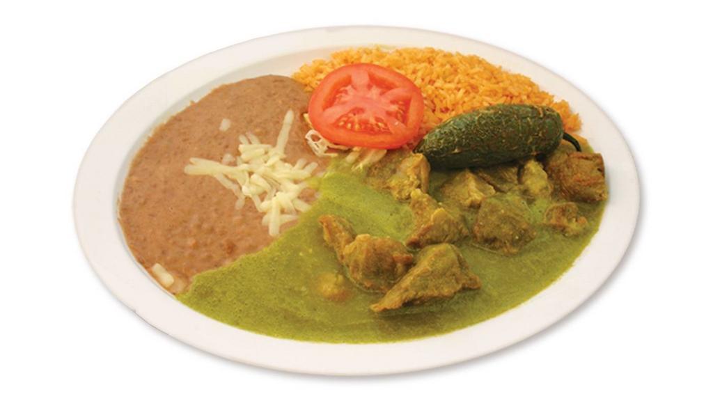 Chile Verde · Pork chunks cooked in tomatillo sauce. Served with rice & beans. Choice of flour or handmade corn tortillas.