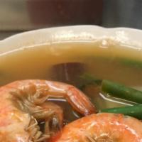Sinigang Hipon Soup · Tamarind soup with shrimp with head, green beans, spinach, tomatoes, and eggplant.