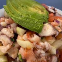 Mitotero Ceviche · Ceviche mixed with Shrimp, cooked octopus, fish, scallops, avocado, vegetables.