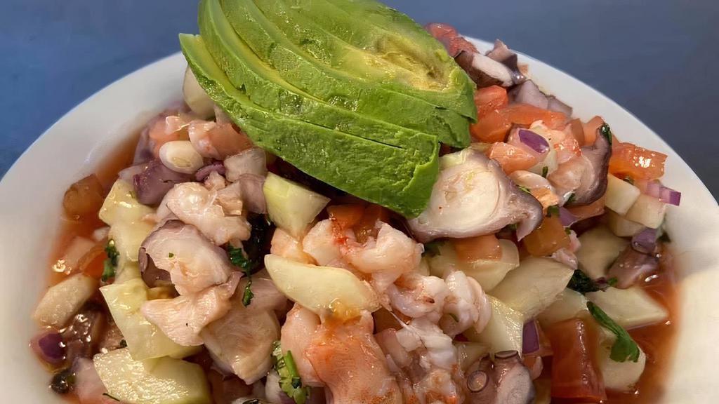 Mitotero Ceviche · Ceviche mixed with Shrimp, cooked octopus, fish, scallops, avocado, vegetables.