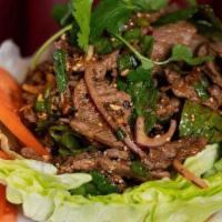 Beef Nam Tok · Tossed well done sliced beef, fresh mint, onion, cilantro, green onion, lettuce