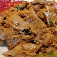 Drunken Noodles (Kimao) · Stir fried flat noodles with egg,onion, bell in chili garlic and basil sauce