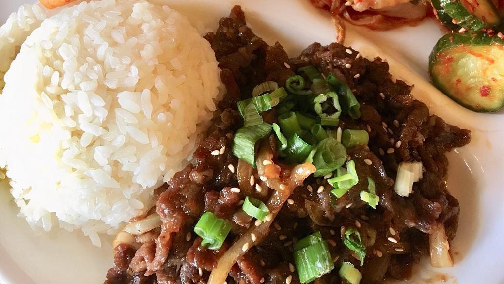 Bulgogi · Thinly sliced rib eye marinated in sweet soy sauce. Served with steamed rice and side dishes.