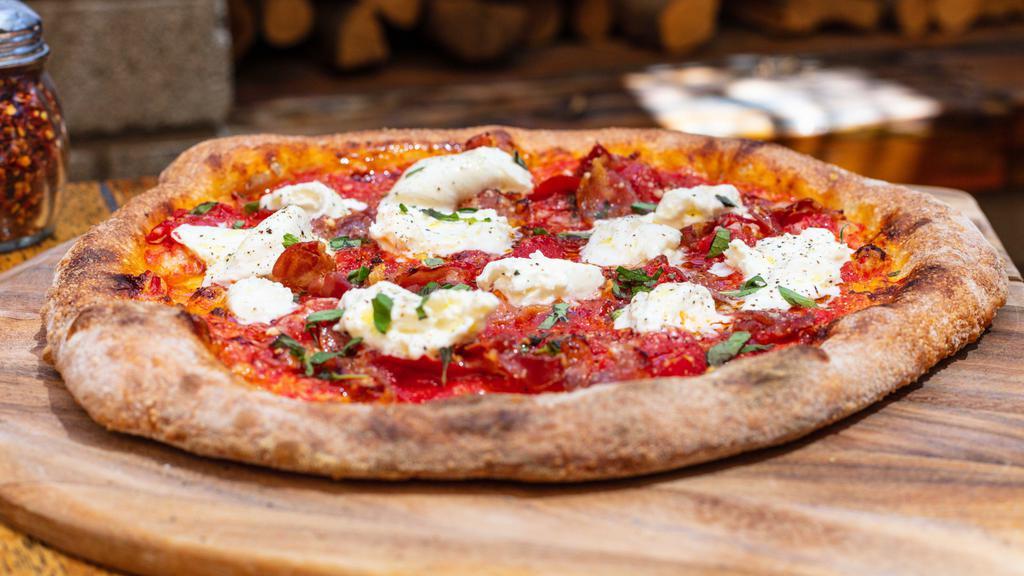 Roma Pizza · Smoked tomato, prosciutto, burrata, parmesan, olive oil, oregano