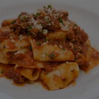 Pappardelle Bolognese · Rustic meat sauce, parmesan, rosemary oil.