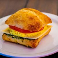 Med Sandwich · Egg. Swiss. Pesto basil. Tomato on ciabatta bread