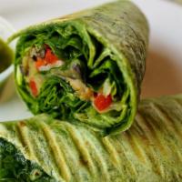 Veggie Wrap · Grilled eggplant, Zucchini, red pepper, Green  Spinach,  Basil Pesto and Mayonnaise on Spina...