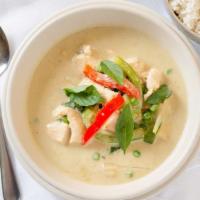 Gang Keow Wan · Green curry with coconut milk, bamboo shoots, bell peppers, peas, zucchini, Thai basil, and ...