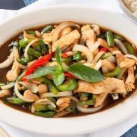 Pad Gra Prow · A famous Thai dish with garlic, Thai spicy chilies, bell peppers, Thai basil, green beans, a...