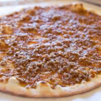 Lahmen Bajeen Flatbread · Ground beef, tomato, onion, garlic, bell pepper and spices.