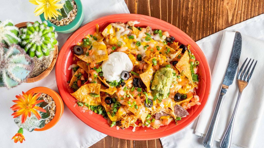 The Works Nachos · Chips topped with beans, melted cheese, sour cream, guacamole, olives, onions, and tomatoes. Served with chicken, ground beef or picadillo.