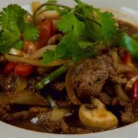 57 Black Pepper Stir Fry · Black pepper sauce with onions, bell peppers, and mushrooms.