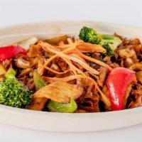 Pad Kee Mow · Big, flat noodles stir-fried with tomatoes, white onions, bell peppers, broccoli, jalapenos,...