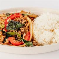 Lao Spicy Basil · Minced chicken, stir-fried with bell peppers, onions, sweet basil, mushroom, and bamboo shoo...