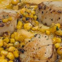 Seared Scallops · sweet corn purée, chive oil, microgreens