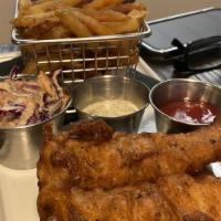 Fish And Chips · Hand battered pacific cod, caper remoulade, shoestring potatoes, red cabbage slaw.