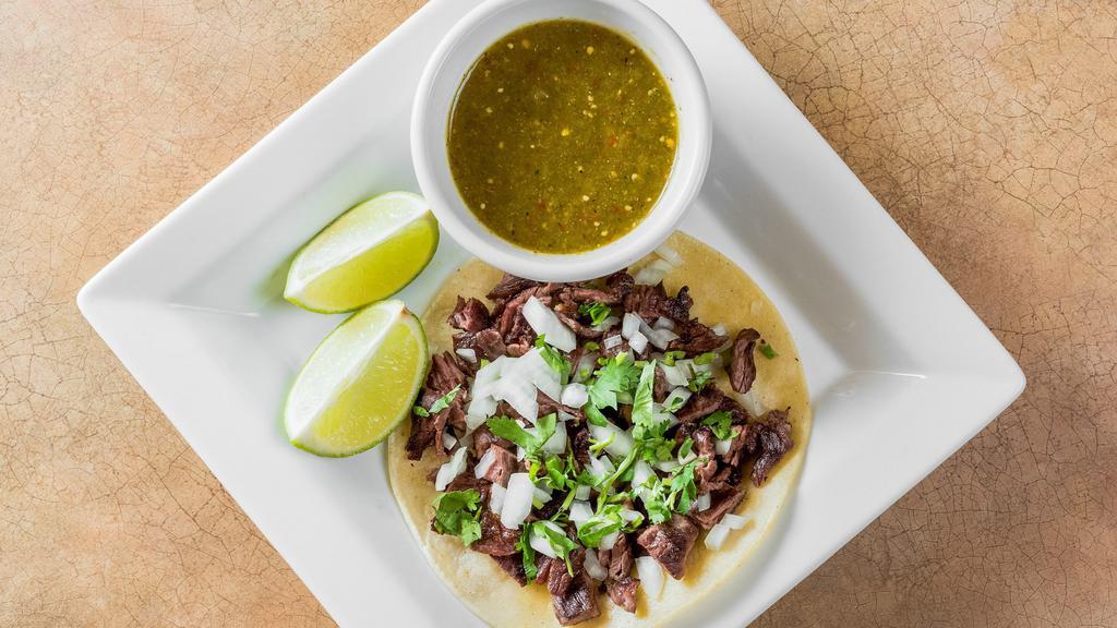 Steak With You (Carne Asada Taco) · Grilled sirloin steak topped with sour cream, salsa, and cilantro. Choice of one or three.