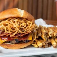Cowboy Burger · Single or double burger cooked to order with cheddar cheese, bacon, crispy fried onions, may...