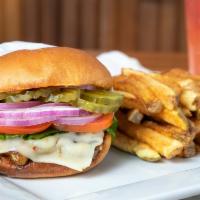 Blackened Chicken Burger · Blackened chicken breast, pepper, jack cheese, lettuce, tomato, onion & chipotle mayo